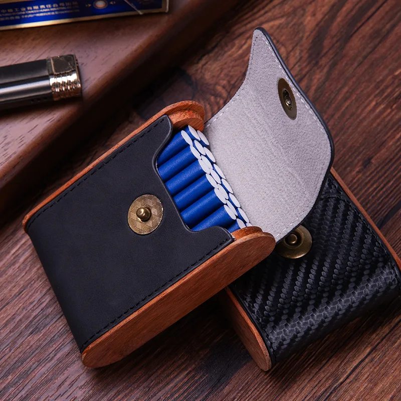 It Can Accommodate 0.7MM 20 Cigarettes With Magnetic Buckle Clamshell Vertical Solid Wood Leather Cigarette Case