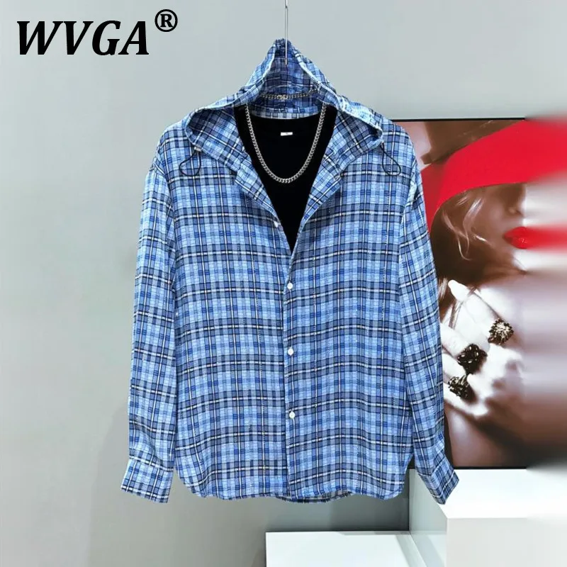 

WVGA Летние новые мужские рубашки в клетку с капюшоном и бриллиантами Модные рубашки с длинными рукавами Нишевая стильная повседневная солнцезащитная рубашка Ins Y2K W10631