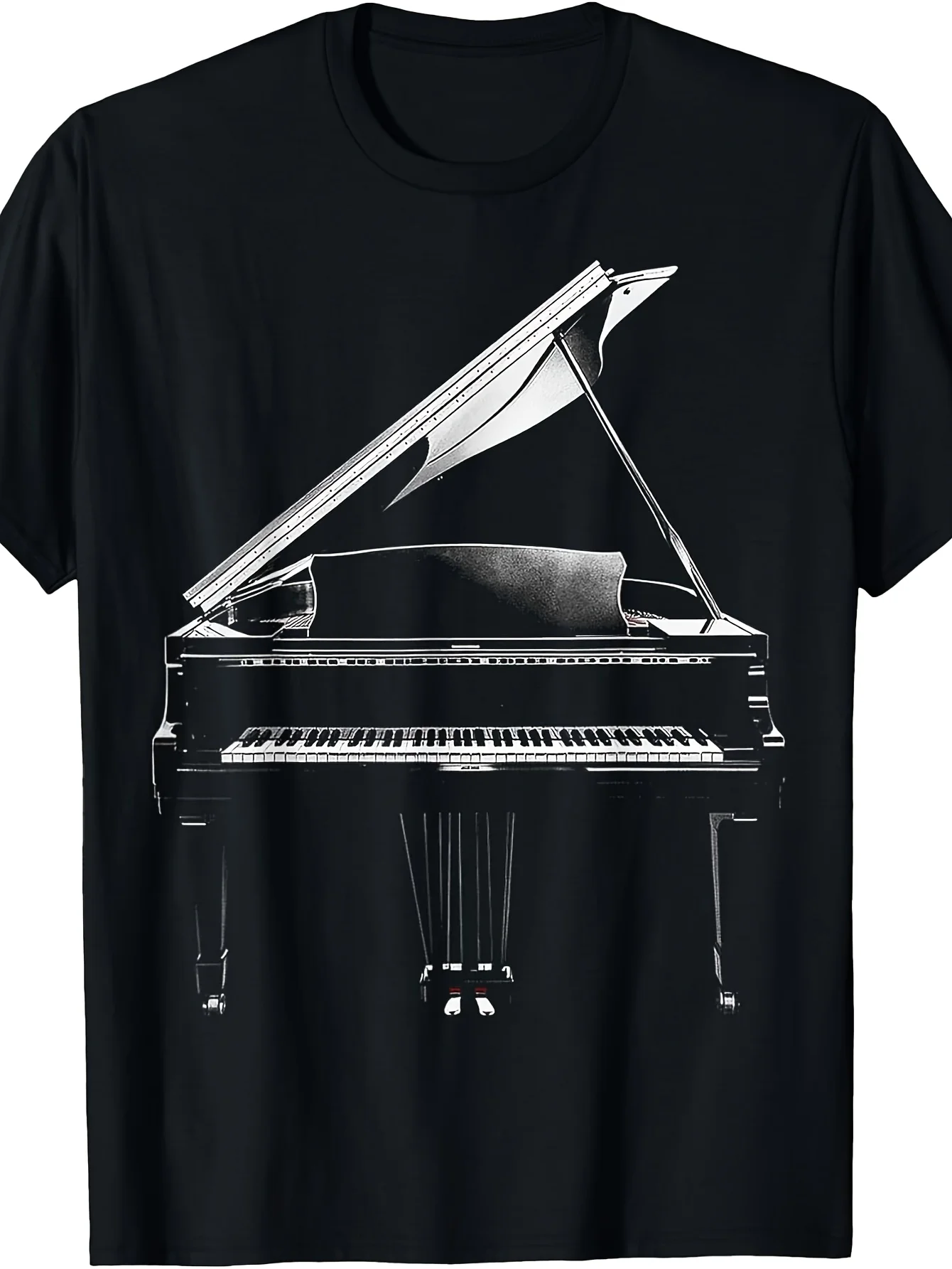 Men's Vintage Grand Piano T-Shirt - Music and Piano Keys Crew Neck Short Sleeve Shirt, Slightly Stretchy Fabric Suitable for Adults, Casual Wear for Musicians and Music Lovers, Machine Washable Vintage Style Top