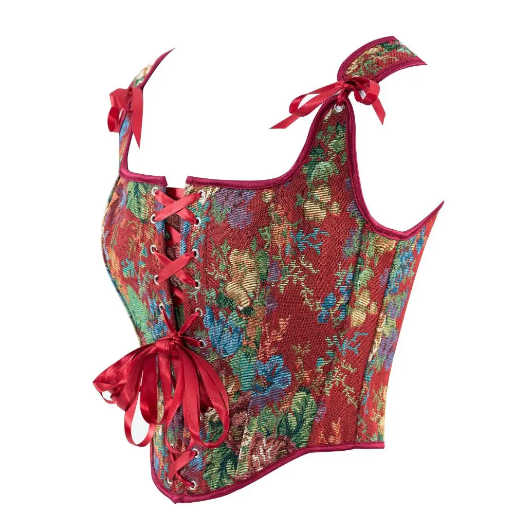 Korset berlapis merah peony dengan rompi yang diikat dan tali untuk korset pengadilan