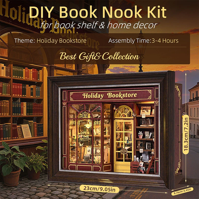 

Book Nook Kit Holiday Bookstore DIY 3D Wooden Puzzle Dollhouse Photo frame ornament Model Bookend Building Home Decoration