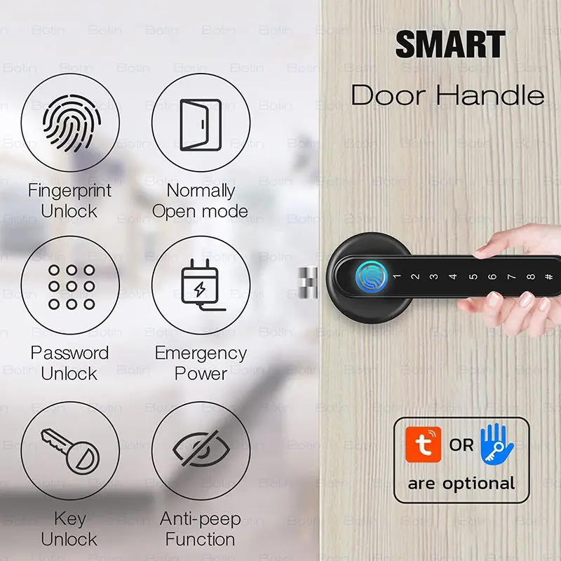 Tuya Bluetooth Biometric TTlock APP Door Handle Lock Digital Electronic Lock with Password/Key/IC Card/ Fingerprint/ APP Unlock