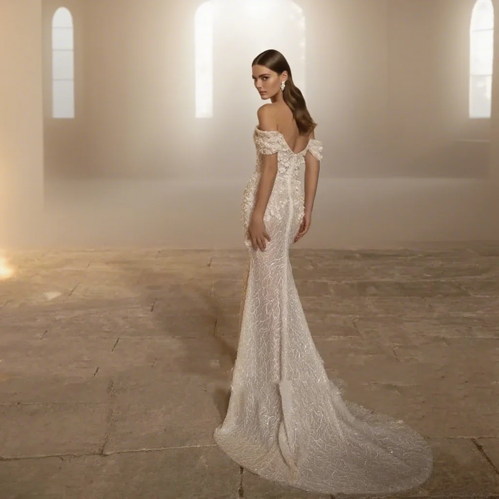 فساتين زفاف العروس قبالة الكتف حورية البحر قطار للانفصال فساتين زفاف العروس فساتين الزفاف حسب الطلب