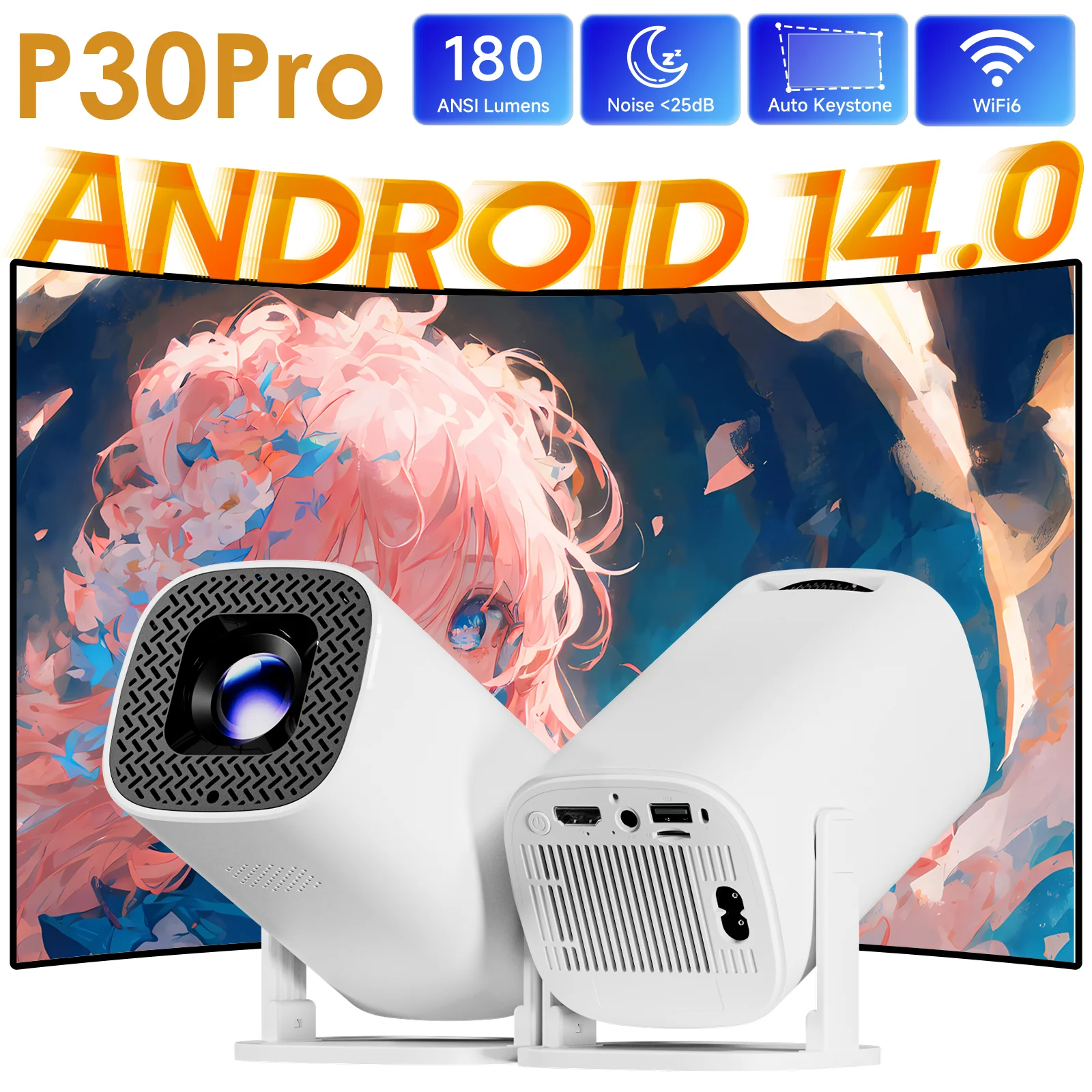 

Проектор Android 14 P30PRO с поддержкой дублирования экрана 720p, 4K, WiFi6, для умного домашнего кинотеатра, портативный, для улицы