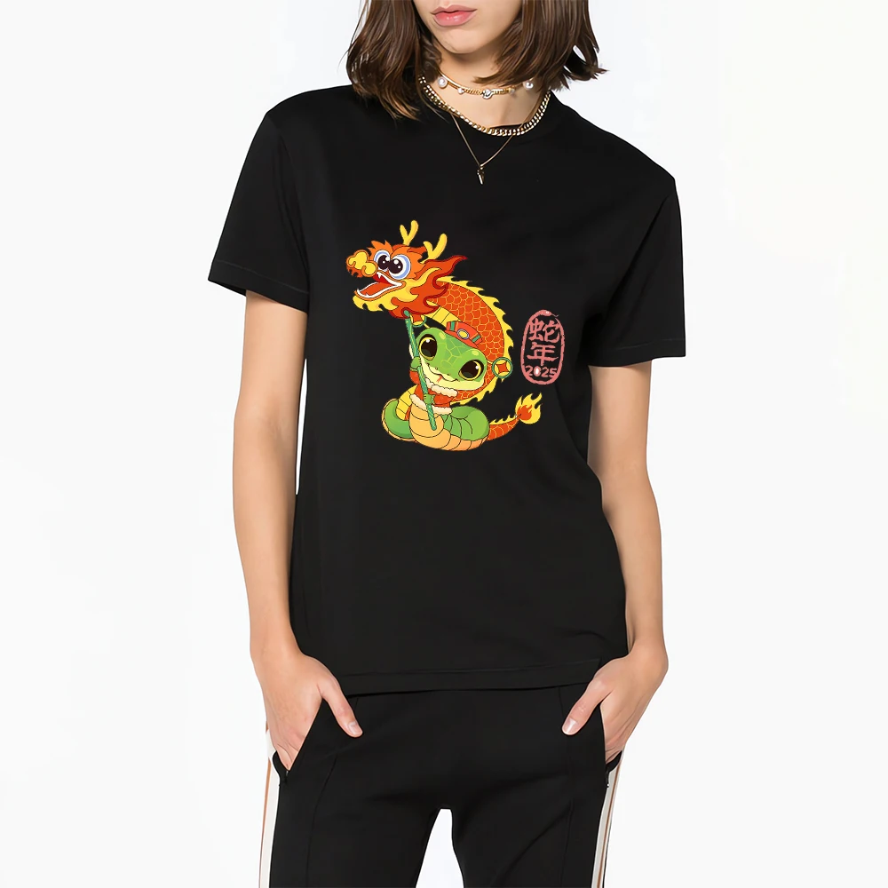 

CLOOCL 2025 Year of The Snake T-shirts Animals Dragon Dance Printed Cotton T-shirts Short Sleeve Shirts Women Clothing