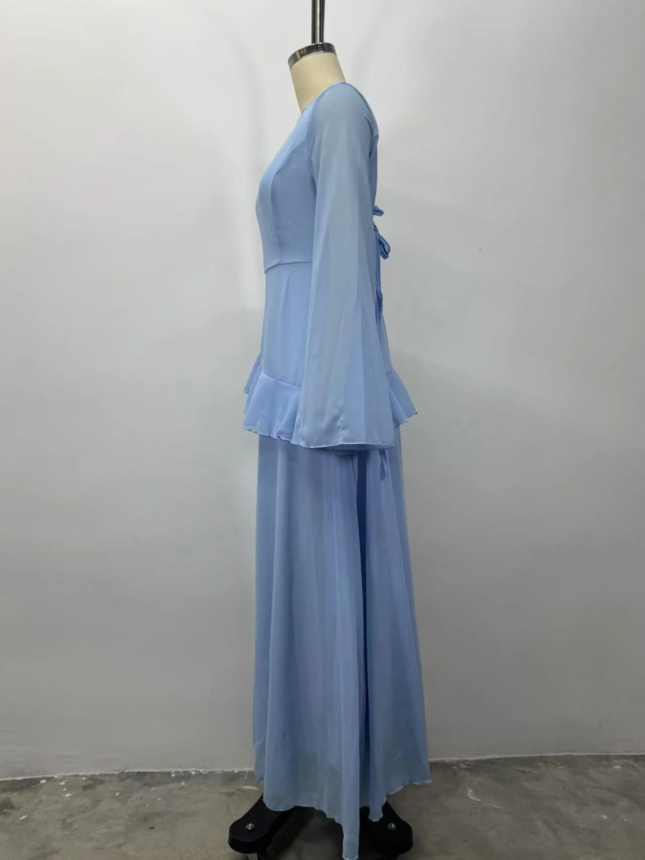 Women Solid Ruffle Chiffon Long Dress Elegant O-Neck Flare Sleeve Slim Maxi Dress 2026 New Lady Wedding Guest Evening Party Robe