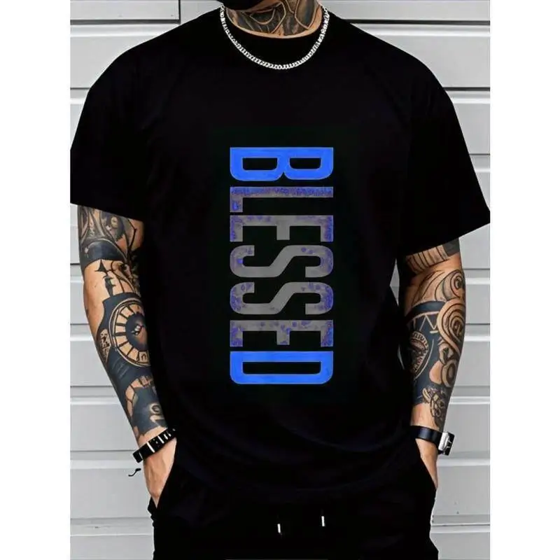 Men's Casual Geometric Pattern Knit Shirt Crew Neck Medium Cotton T-shirt Creative Fun Print Standard Fit Short Sleeve