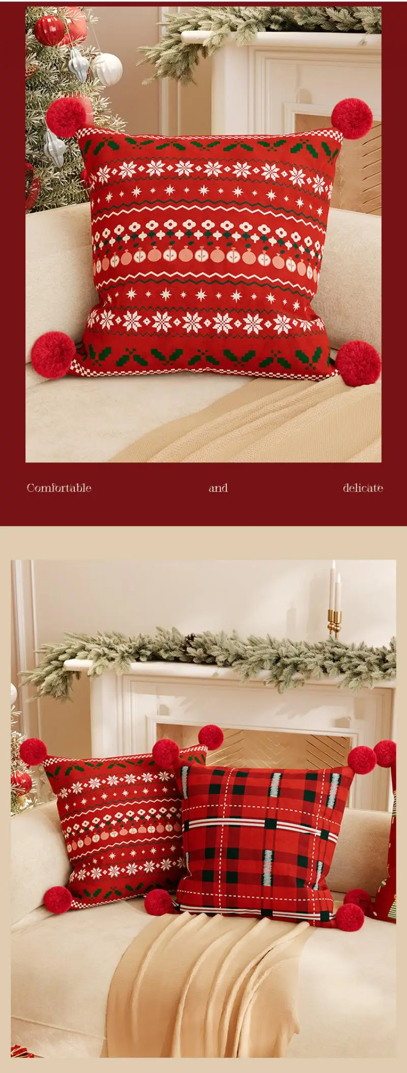 Weihnachtliche Sofakissenbezüge, Cojines, rote, weiche, kurze Plüsch-Dekokissenbezüge, Kopfteil-Kissenbezüge – Detail 6