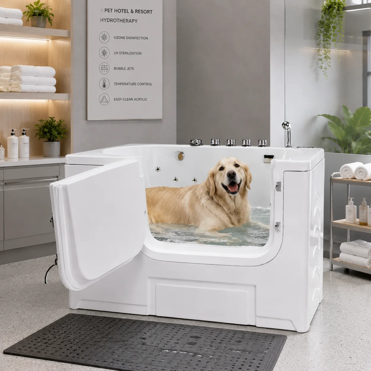 Commercial heavy-duty veterinary dog washing station with fast drainage and anti-clogging for medical preparation