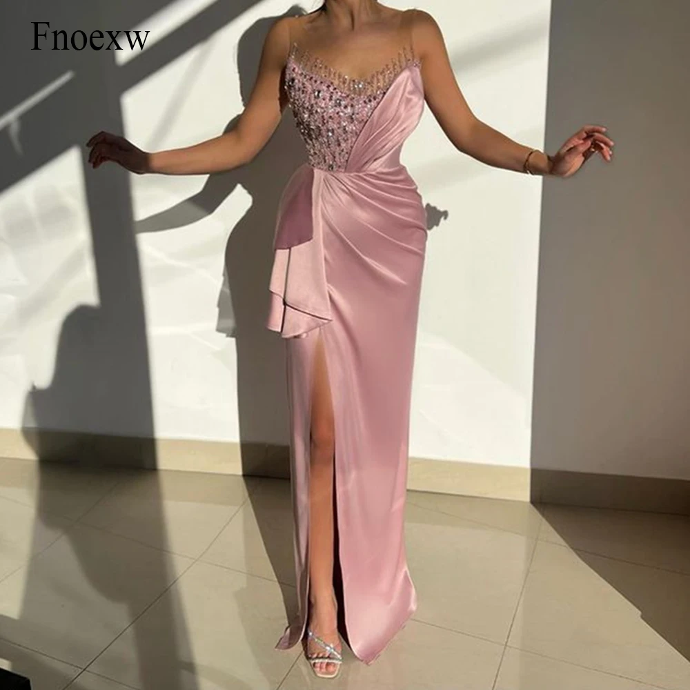 

Fnoexw Scoop Neck Mermaid Evening Dresses Sparkly Beadings Crystals Party Dress With High Slit Formal Vestidos De Gala Mujer