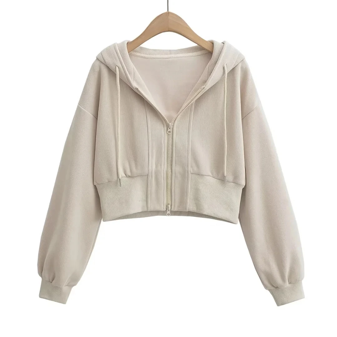 Damska bluza z kapturem na zamek błyskawiczny, kardigan, jednolity kolor, dopasowany krój, długość do pasa, nowa kolekcja wiosenna, luźny krój, odkrywająca pępek odzież wierzchnia.