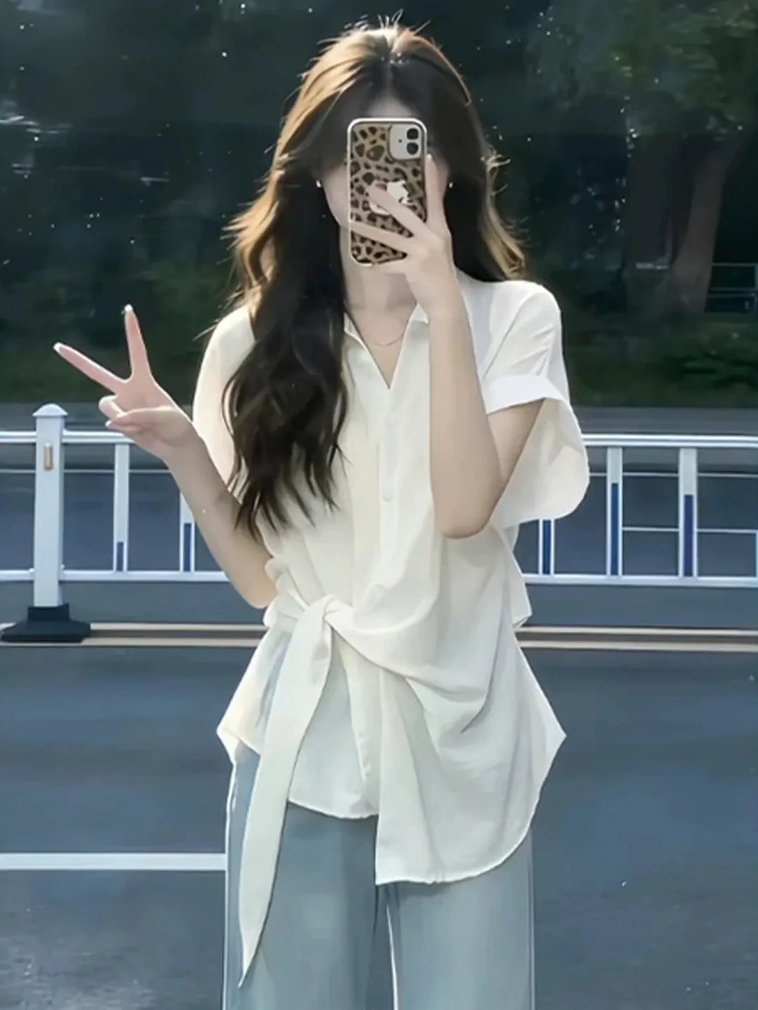 

White Belted Short Sleeve Shirt Women's Loose Lazy Style Shirt Summer Slimming Top Korean Style Collar Tie Waist Design