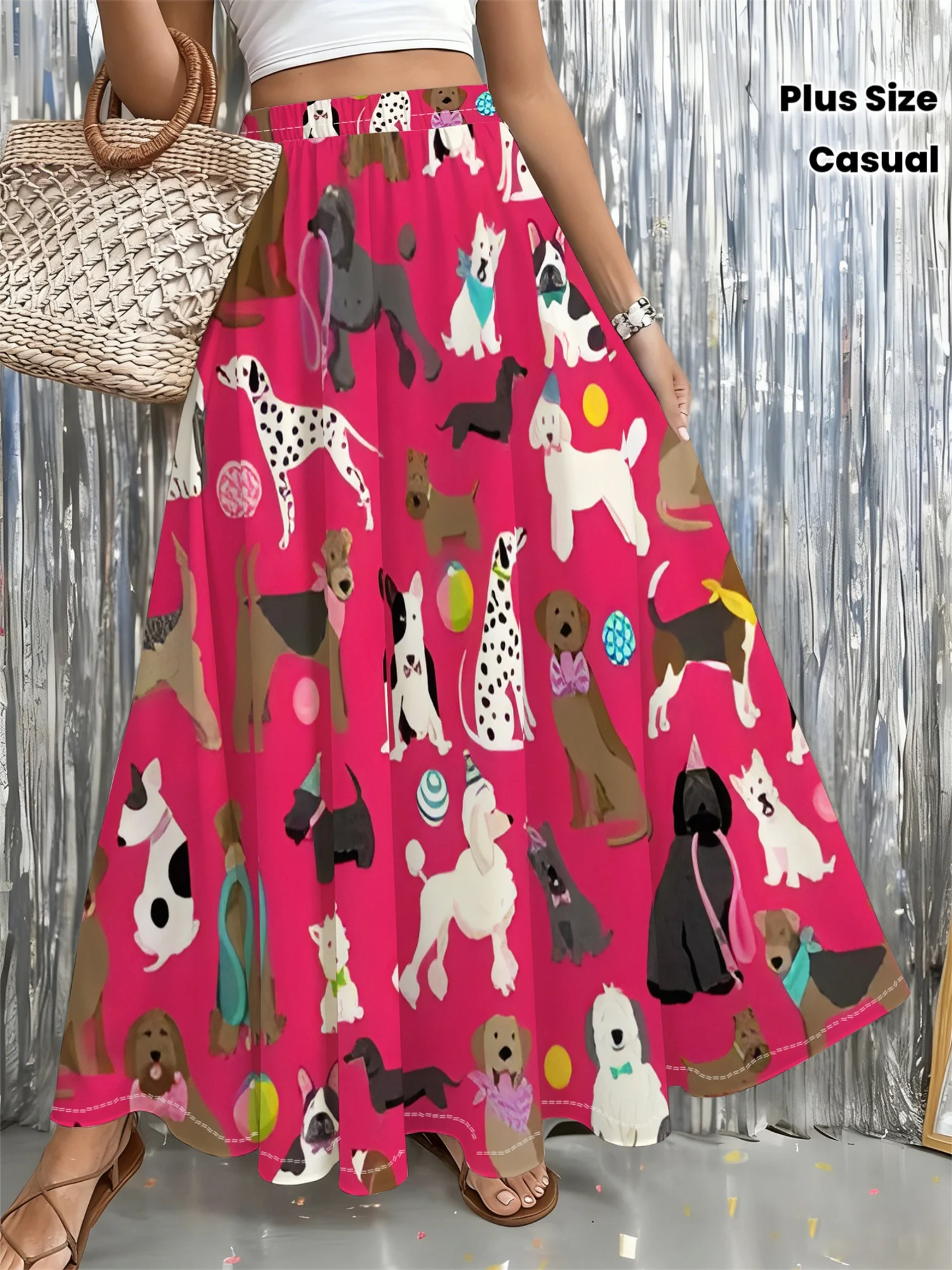 Plus Size Women'S Elegant Fashion Skirt, Casual Printed Midi Skirt, Group of Fashionable Dog Prints