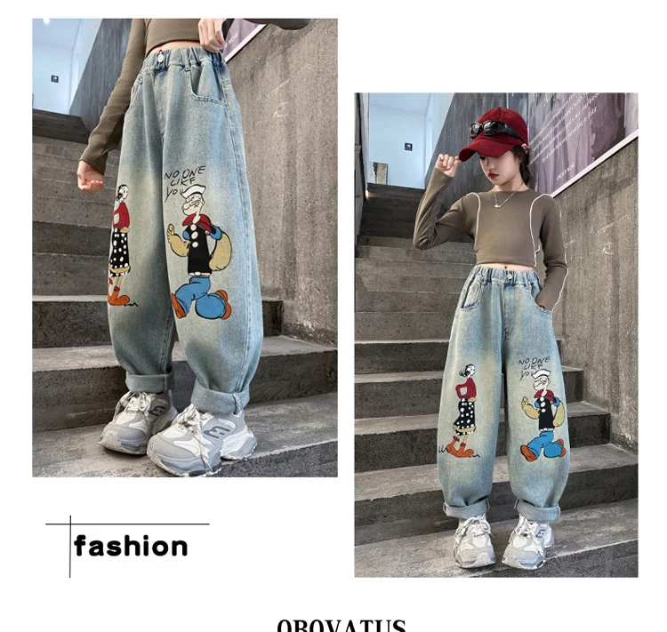 Frühlings-Kinder-Retro-Jeans in Blau mit Marken-Cartoon-Print für Mädchen, Lässige, Lose, Gerade Geschnittene Denim-Hose, Kinderhose mit Hoher Taille – Detail 3