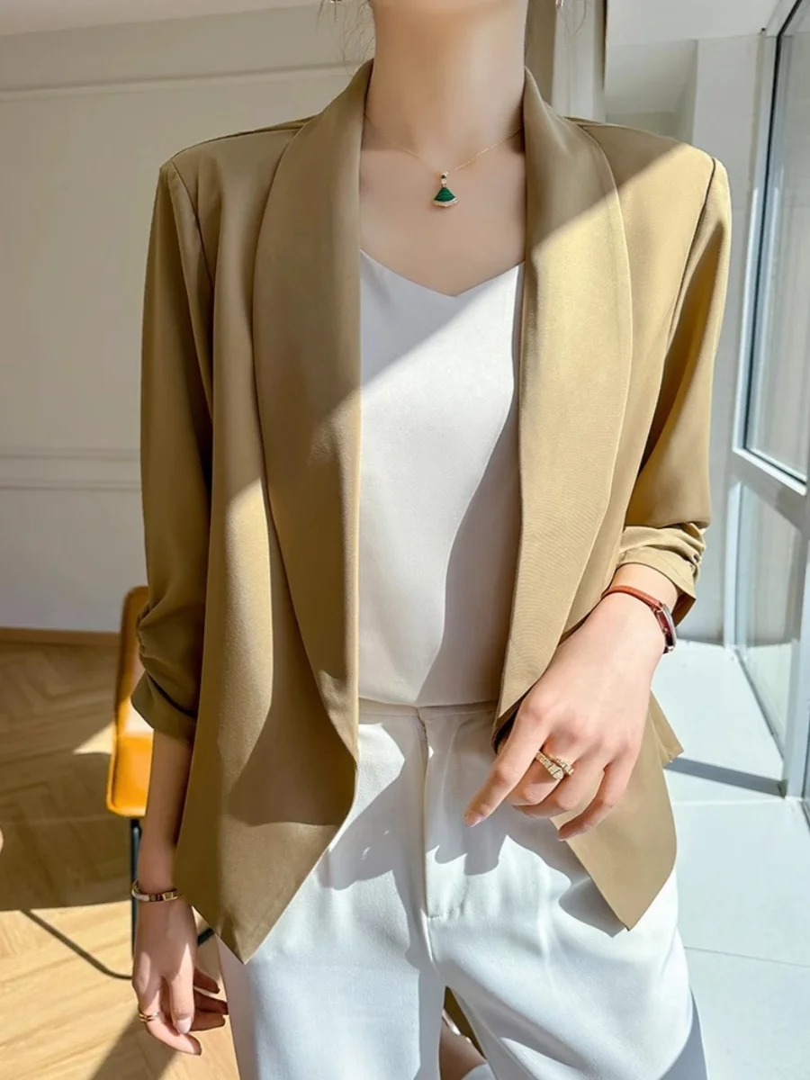 

Модный брендовый тонкий атласный жакет-пиджак для женщин на весну, легкий, повседневный, из ацетата, с рукавом три четверти, для кондиционированных помещений