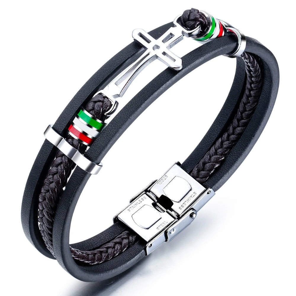 Verstellbare Lederarmbänder aus Edelstahl für Herren, handgewebter, mehrschichtiger Kreuz-Armreif, Jesus wurde mit einem Handgelenksband zur Bestrafung gefesselt