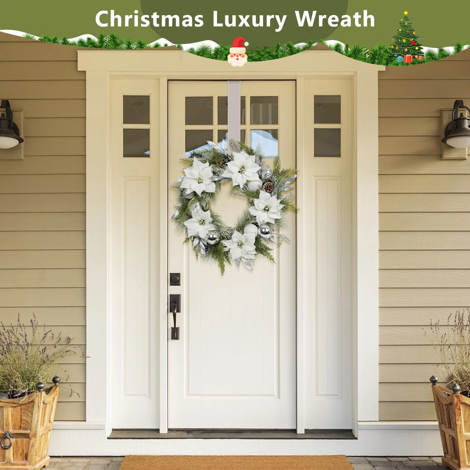 

Deck Your Home with Holiday Cheer 24" Artificial Wreath Featuring White Poinsettias & Shatterproof Silver Balls for Door, Wall,
