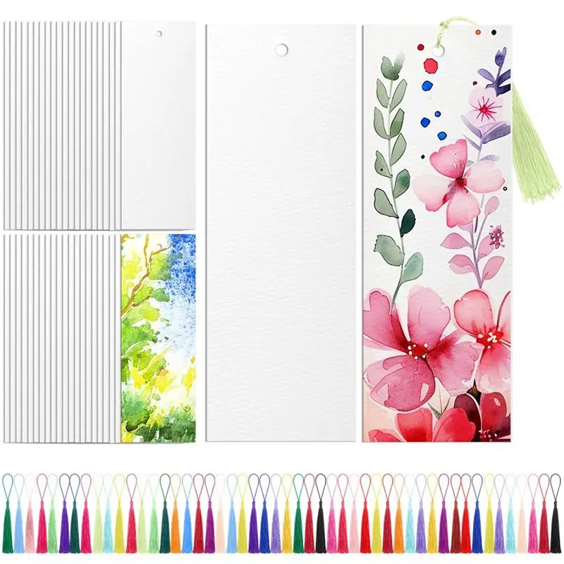 【HAPPY】100X Watercolor Paper Blank Bookmarks With Colorful Tassels DIY Book Marks Kit,Bookmark Pad For DIY Classroom