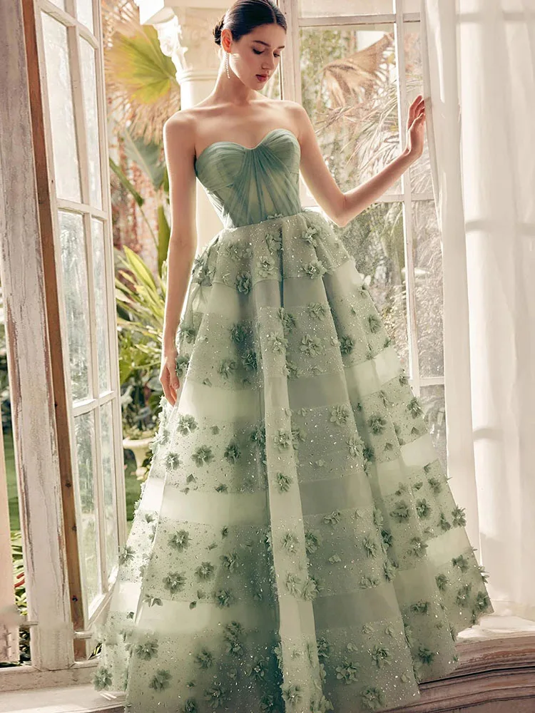 LAYXHS ファッショングリーンフォーマルイブニングドレス恋人 3D フラワー A ライン光沢のあるチュールウエディングドレスカスタマイズされた فساتين سهرة