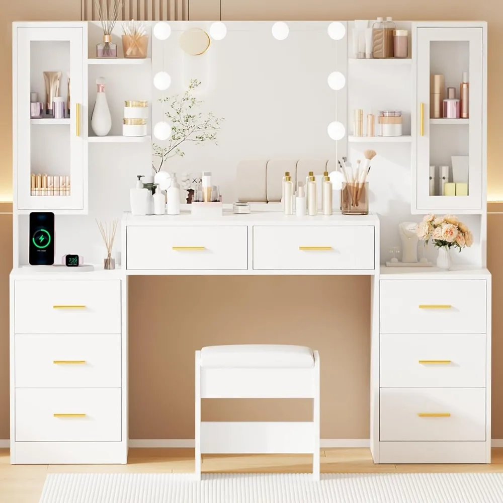 59.1"Large Vanity Desk with Mirror & Lights White Makeup Vanity Set with Power Outlet and 8 Drawers 3 Lighting Modes Adjustable