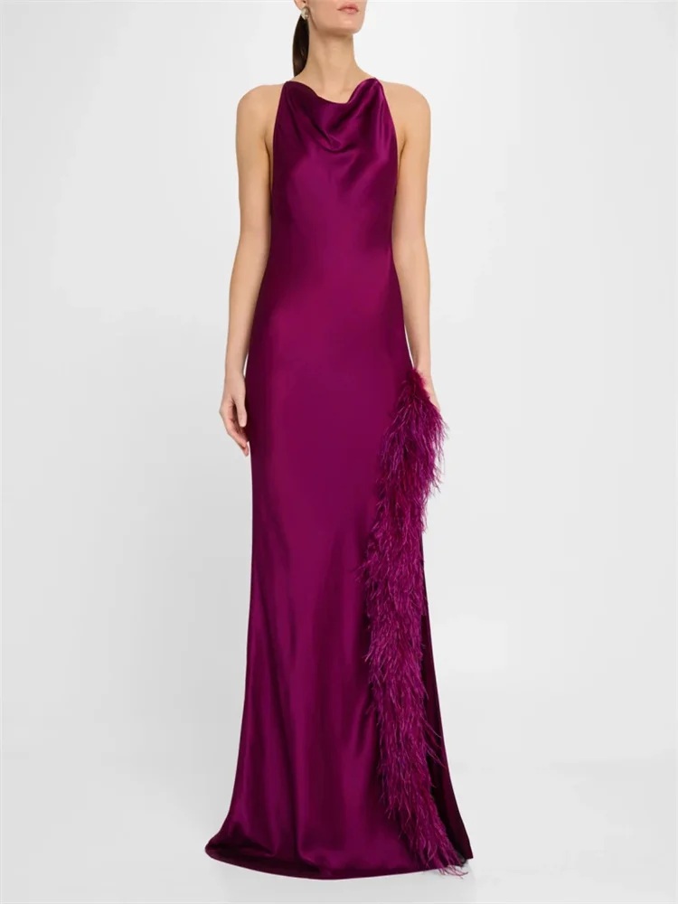 

Customized Cowl Halter Neckline Sleeveless Trumpet Evening Dress Back Zipper Floor Length High Slit With Feathers Gown For Women