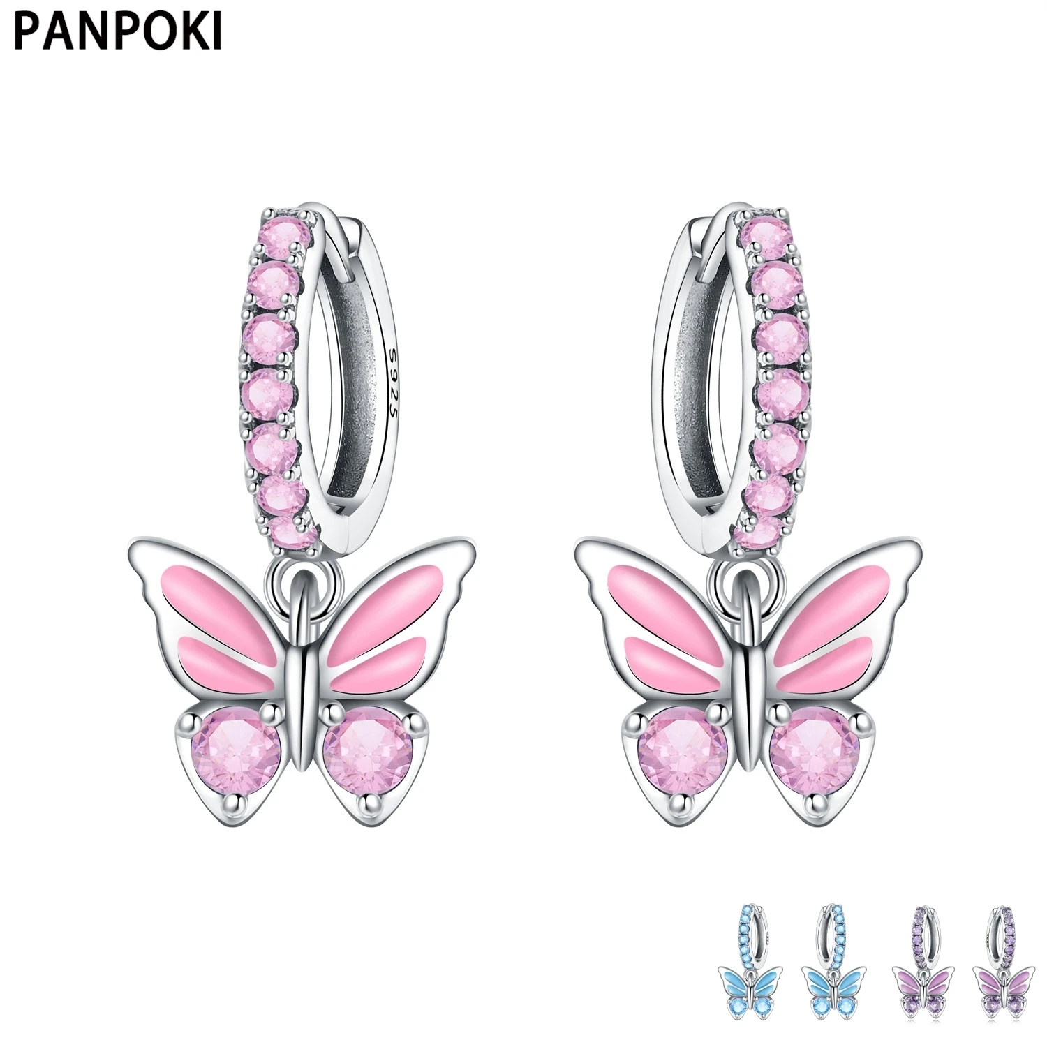 

PANPOKI 925 Sterling Silver Pink Butterfly Insect Drop Earrings Women Earrings Charm Trendy Versatile Party Jewelry Gifts