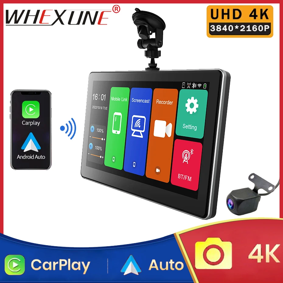 

7-дюймовый Wi-Fi видеорегистратор с камерой заднего вида, Carplay, Android Auto, 4K, GPS-навигация, видеорекордер, двойная камера, круглосуточная запись, AUX