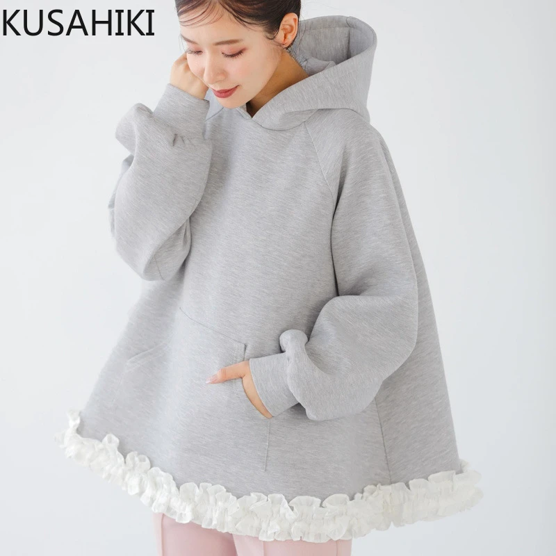 KUSAHIKI New Fungus Lace Patchwork Women\'s Hoodies Top Causal Pullover 2024 Autumn Winter Hooded Sweatshirt Jacket