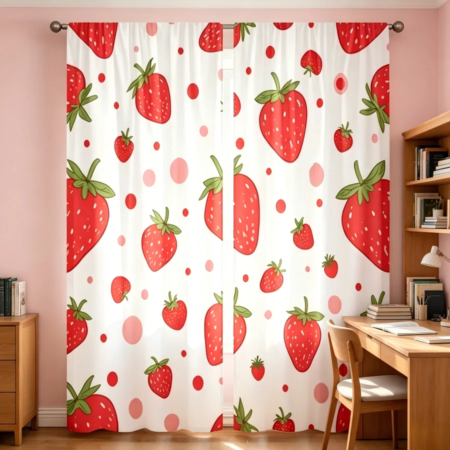 2PCS Digital Print  Curtain, Strawberry Polka Dots, Rustic Farmhouse Window Treatment Drape for Bedroom Kitchen Decor
