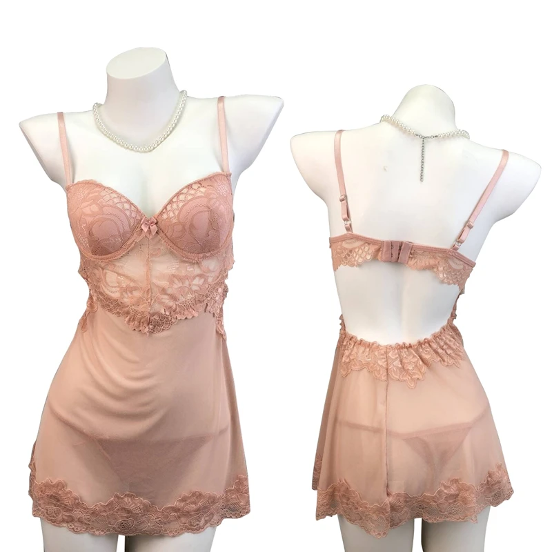 

Lace Trim Chemise Nightgown Women's Sexy See-through Breathable Comfortable Sleepwear Polyester Fabric V-neck Sleeveless