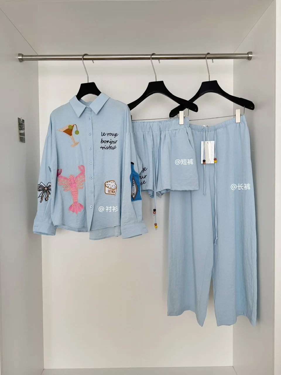 Women's Summer Autumn Emboidered Cartoon Pattern Two Pieces Shorts Set Lady Loose Long Sleeve Single Breasted Shirt + Shorts