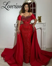 Elegant Wedding Party Dresses Red Mermaid Long Dubai Saudi Arabic Evening Gown Customized 2025 Prom Dress With Detachable Train