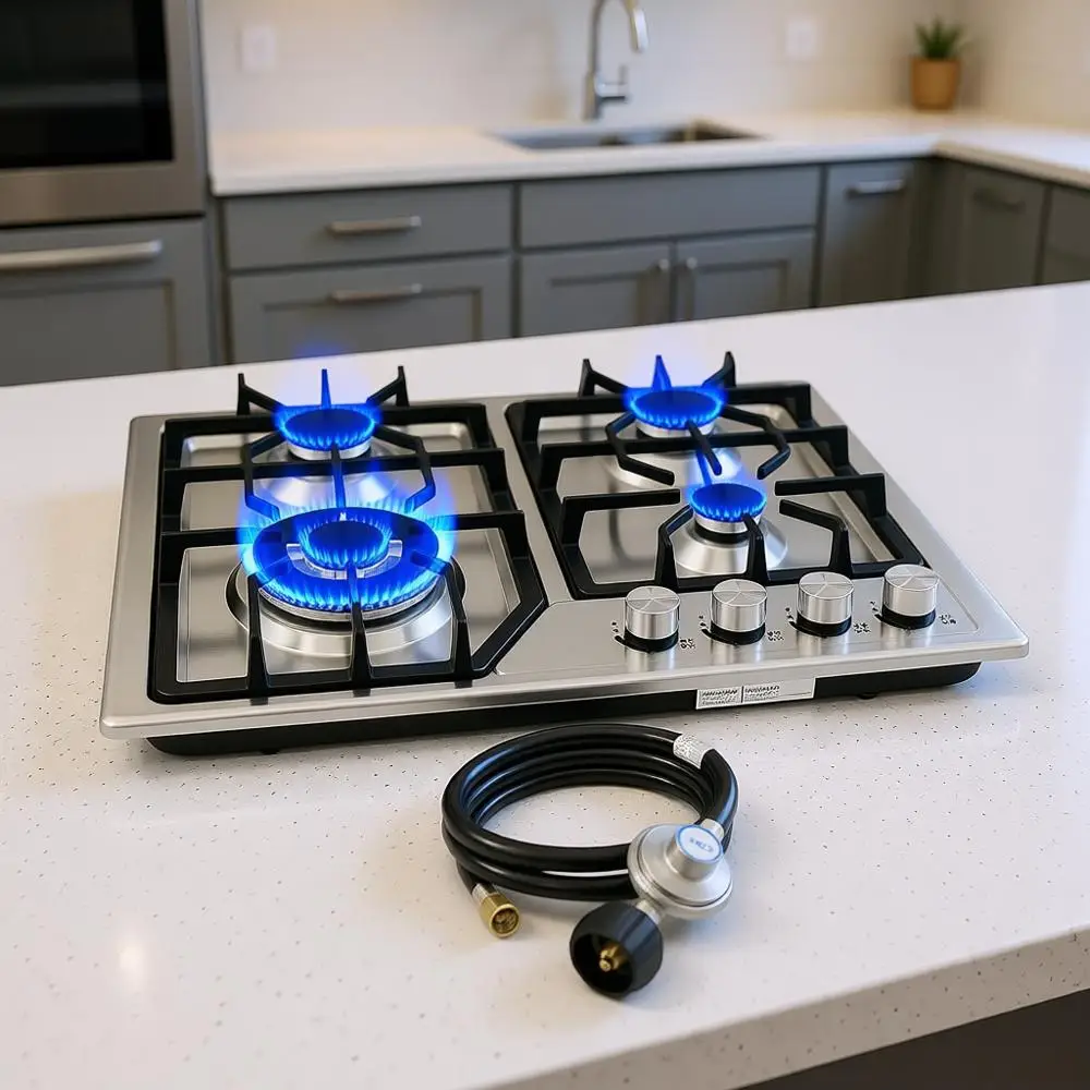

24x22 Integrated 4-Burner Gas Cooktop with Stainless Steel, NG/G Conversion, Thermal Protection & Easy Cleaning