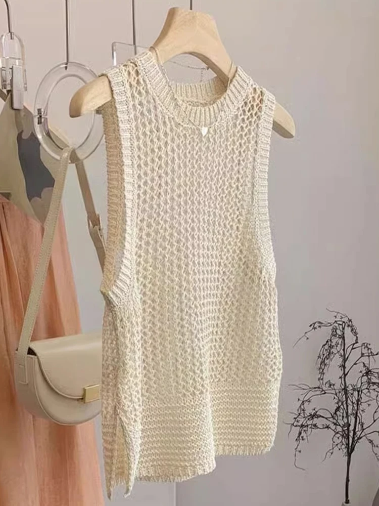 

Thin Breathable Ice Silk Knitted Top Loose Slimming Summer Vest Pure Color Simple Overhead Women's Clothing Korean Sle