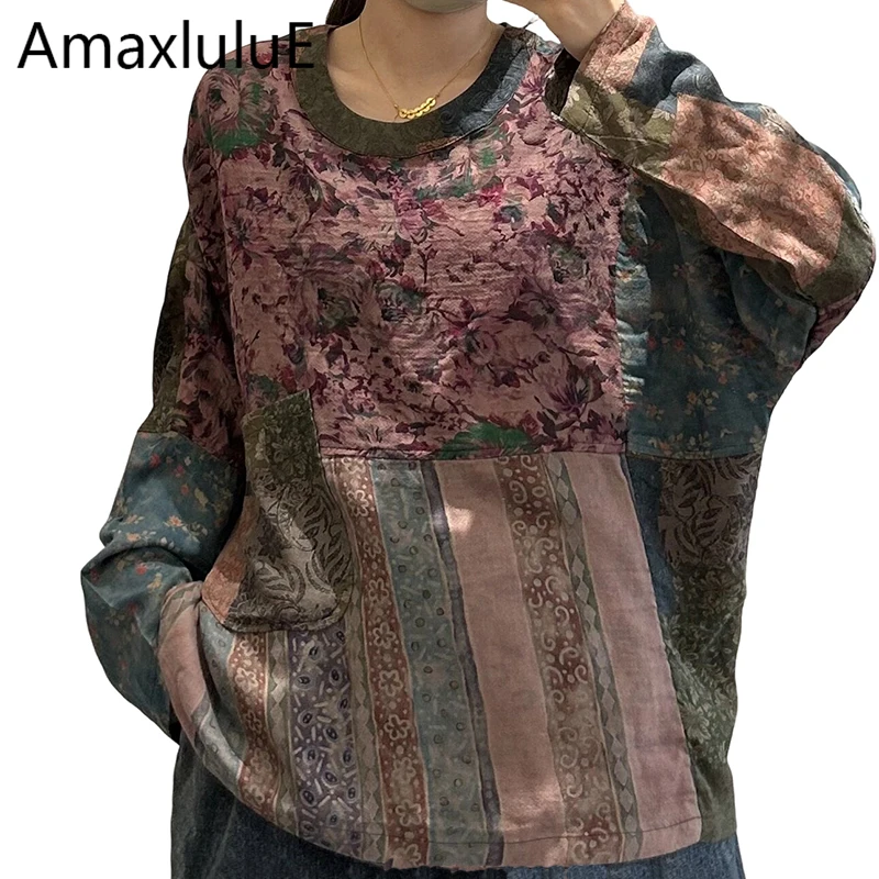 Amax LuluE 2026 Autumn Womens Printed Cotton T-shirts Females Classic Vintage Casual Tops O Neck Fashion Japanese Design Clothes