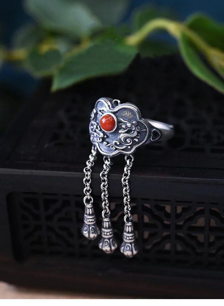 Natural Hetian Jasper Bat Thai Silver Tassel Opening Ring Retro Designer Craft Light Luxury Charm Women's Brand Jewelry