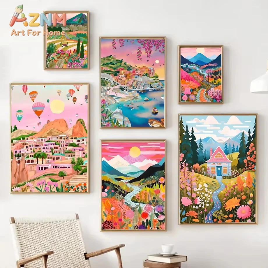 

1pc Flowers Mountain Lake Colorful Poster Nature Landscape Travel Decor Poster Wall Art Retro Posters for Home Room Decor