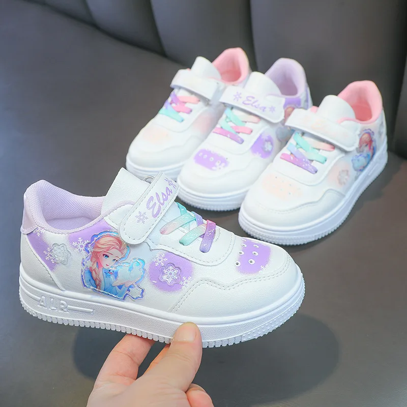 Disney Elsa Princess Casual Sport Shoes Girls\' Board Shoes Spring Autumn Children\'s Pink Purple Small White Shoes Cartoon Shoes