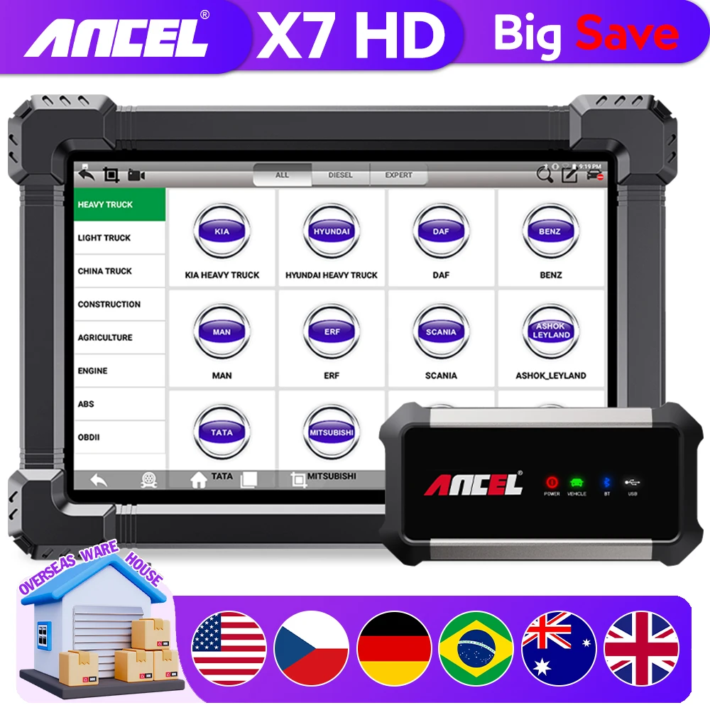 

ANCEL X7 HD Heavy Duty Truck Diagnostic Tool TPMS D-P-F Regen ABS SAS ECU Oil Reset Full System OBD2 Truck Scanner 24V/12V Cars