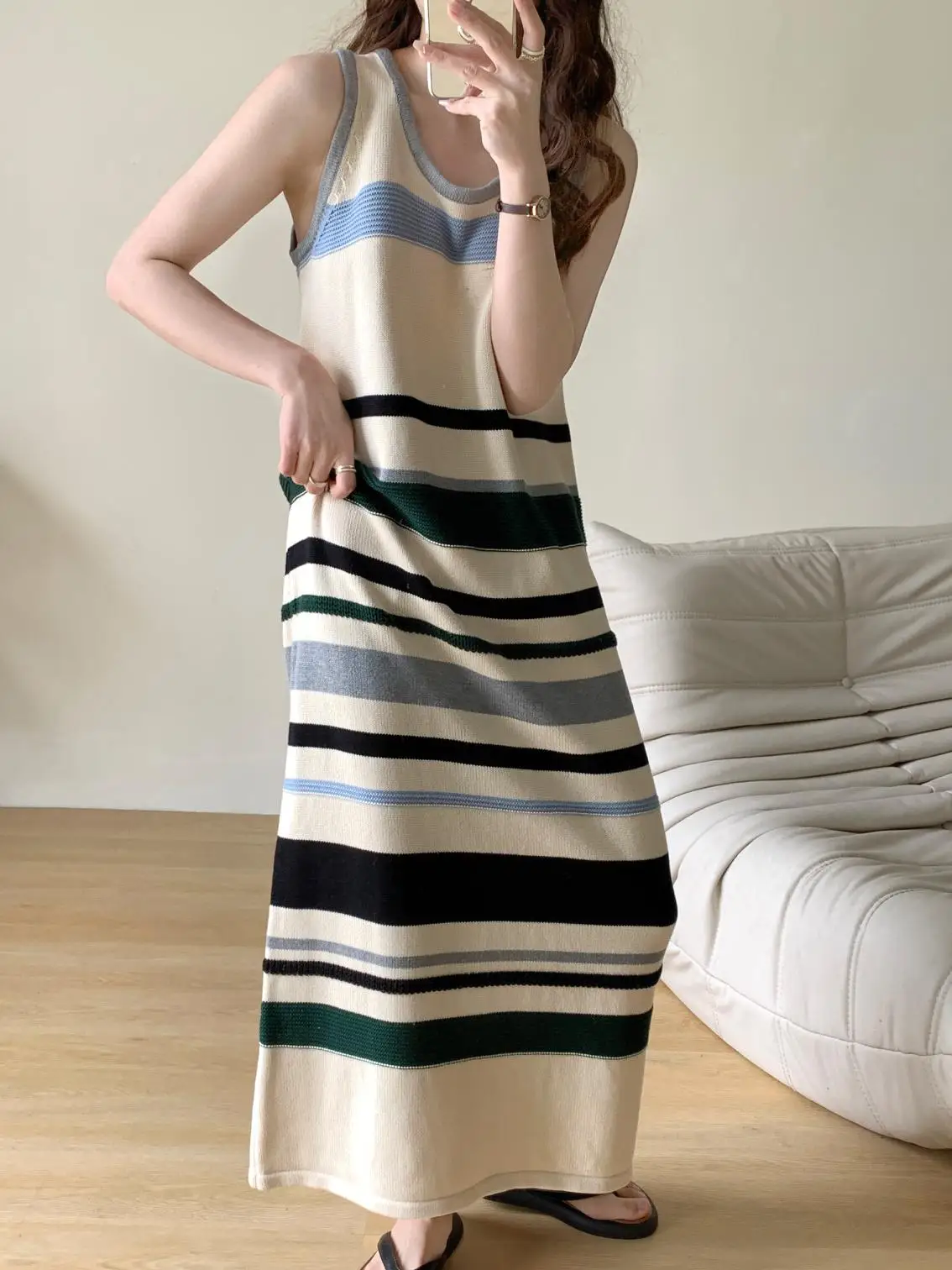 Striped Knitted Sundress Women O-Neck Sleeveless Summer Long Maxi Dress Loose Casual Elegant Luxury Office Lady Knitwear