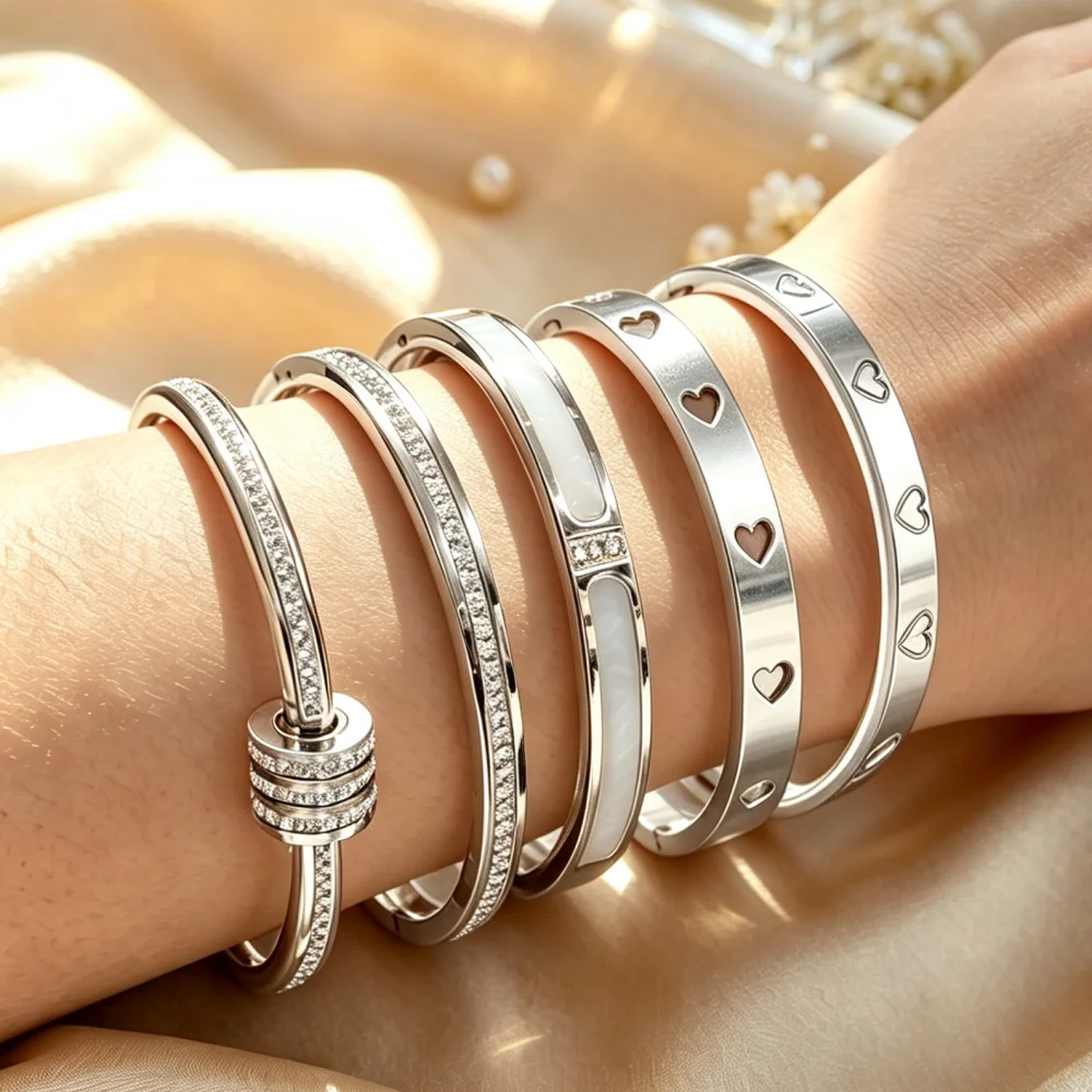 Classic Silver Heart Bracelets for Women Stackable White Shell Inlaid Stainless Steel Stackable Bracelet Gift
