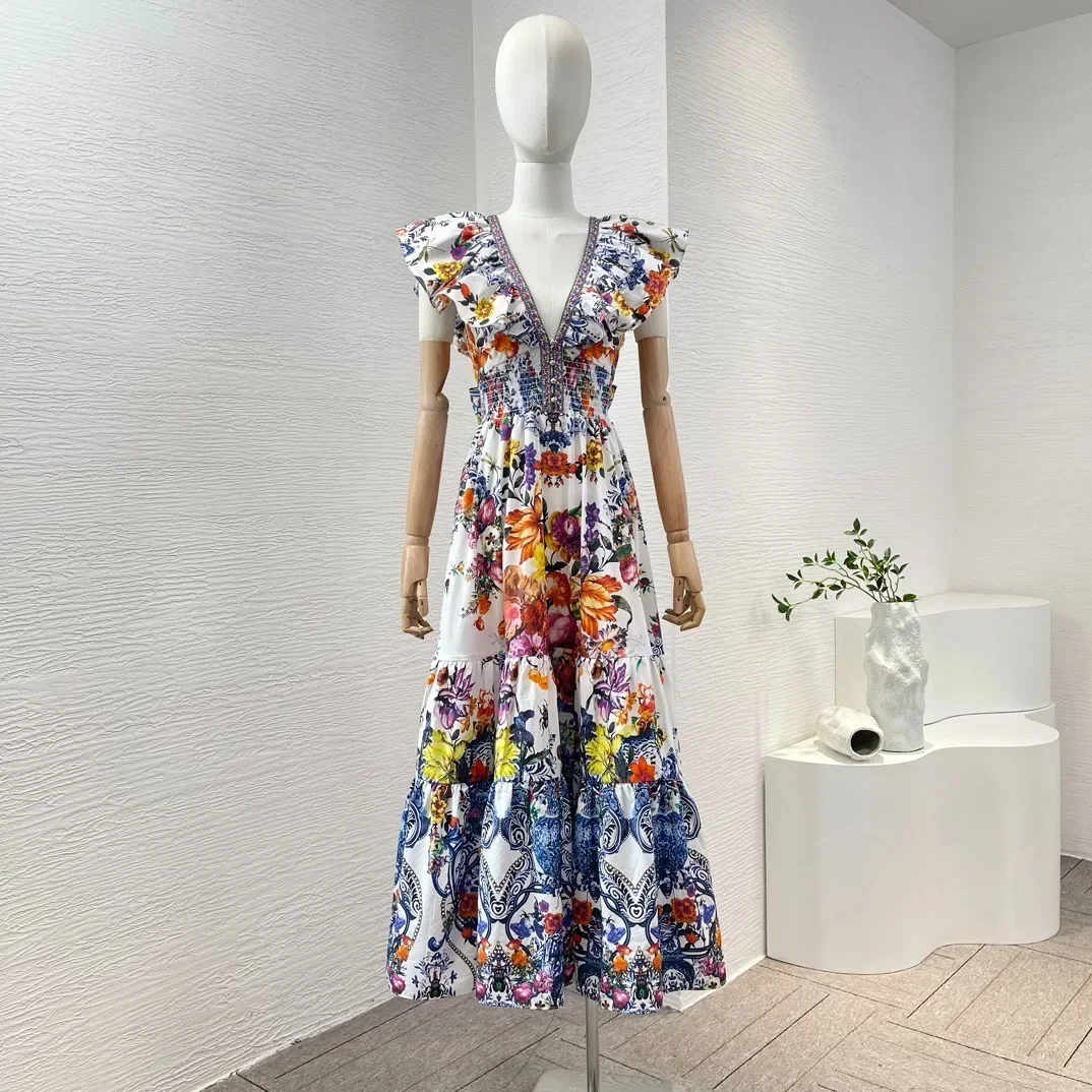 

Flower Color Sleeveless Diamonds Pressed Hollow Out Backless Self Bow Tie V-Neck Midi Dress 2024 New Arrivial Clothes