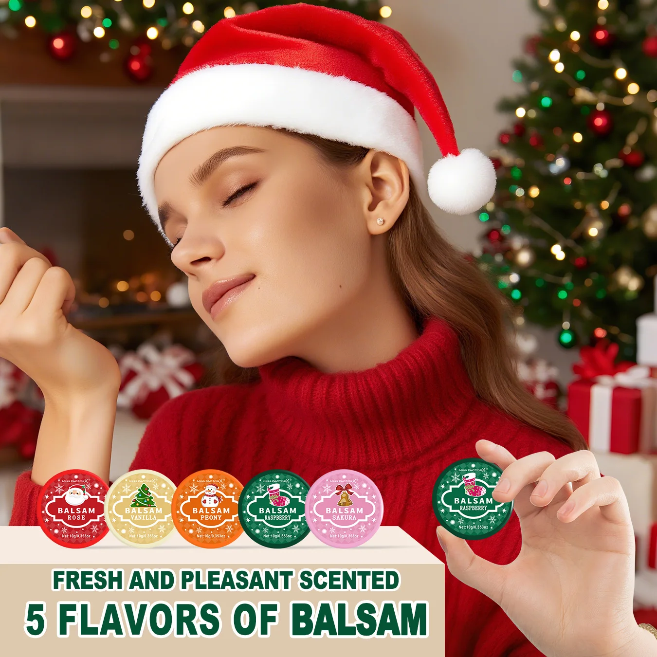 مجموعة هدايا تجميع عيد الميلاد - 5 مجموعات، بما في ذلك بلسم، كريم اليد، أحمر الشفاه، كيس شاش أحمر، بطاقة شكر شجرة عيد الميلاد