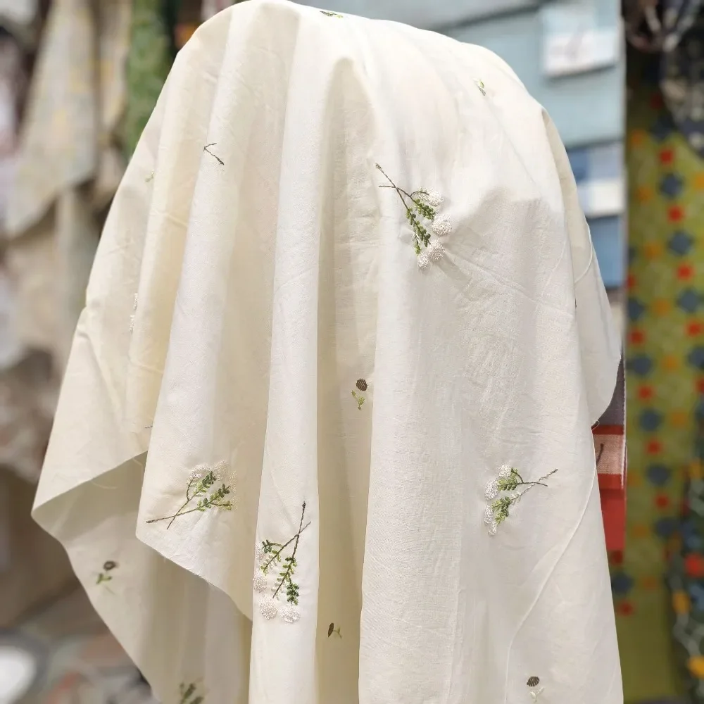 Small Floral Apricot Yarn Embroidered Poplin Cotton Fabric for Dresses Clothing Materials for Sewing By The Meter