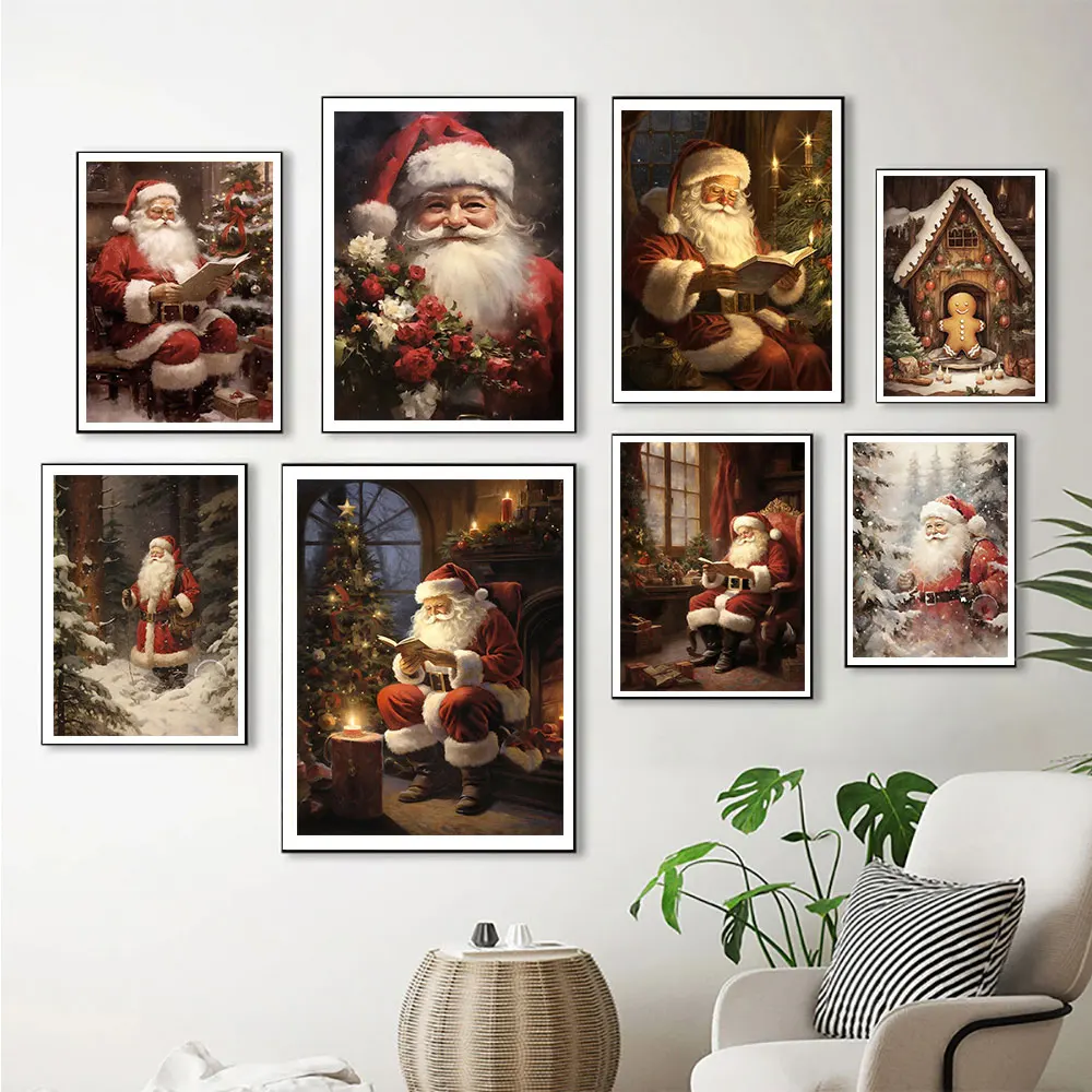 Vintage Winter Christmas Gingerbread  Сottage Santa Posters Prints Canvas Painting Wall Art Pictures For Living Room Home Decor