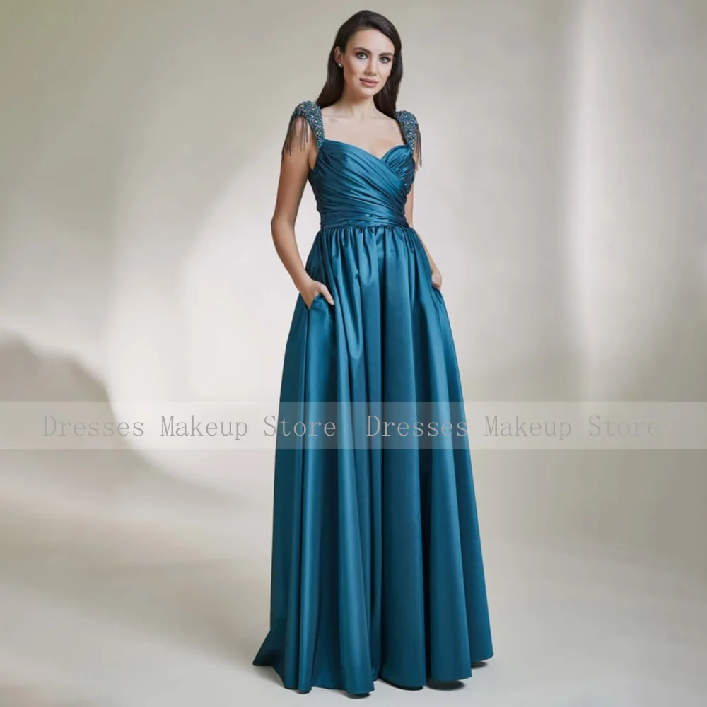 Robe de Soirée en Satin avec Poches pour Femme, Tenue de Bal Luxueuse avec Perles en Clip et Pompon, Dos aux, Ligne A