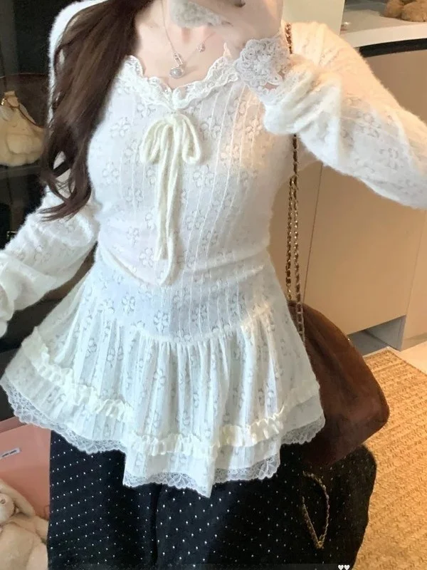 Sweet Style Long Sleeve V-Neck Lace Trim Base Shirt Women's Autumn Winter Slim Fit  Knot White Top Korean Style Commute