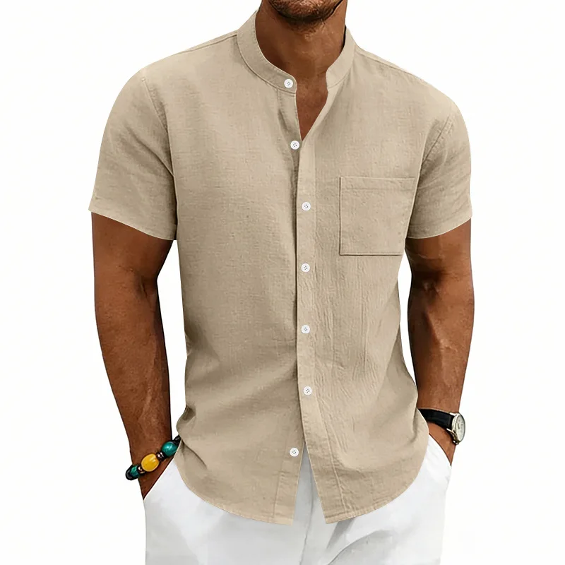 Summer Simple Men's Stand-Up Collar Loose Linen Short Sleeve Shirt Men's T-Shirt