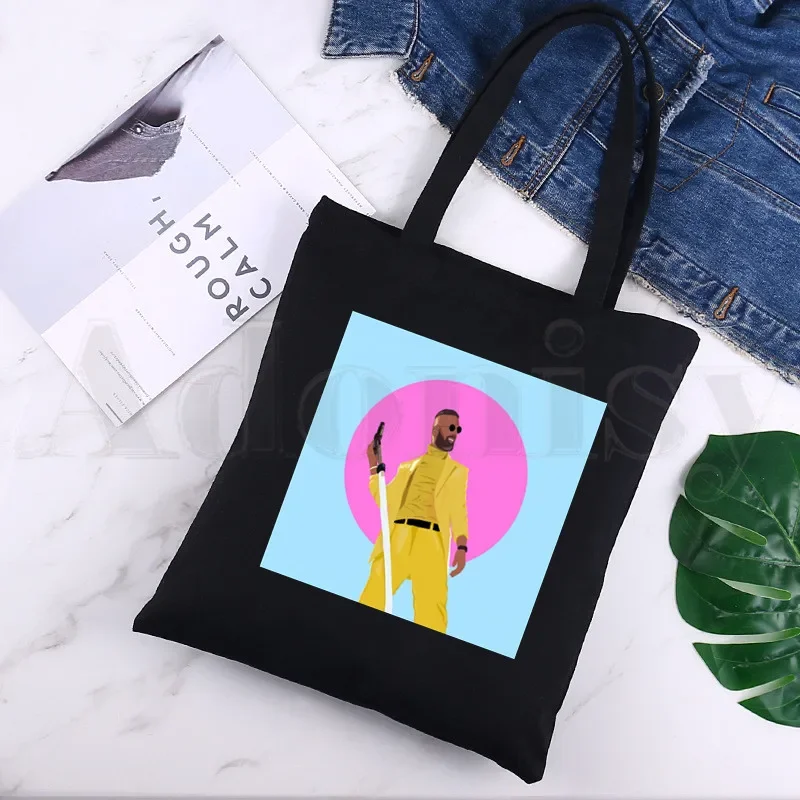 Bolsa de mão de lona preta para meninas, maluma, Hawai, reggaeton, cantora, estampa simples dos desenhos animados, sacolas de compras, moda vida, pacote casual