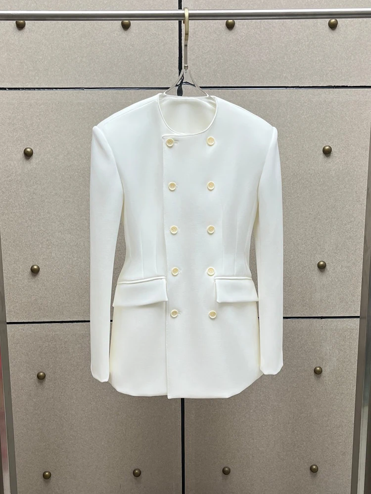 Lady's double-breasted round-neck hourglass-shaped long coat for formal wear with an elegant and sophisticated silhouette